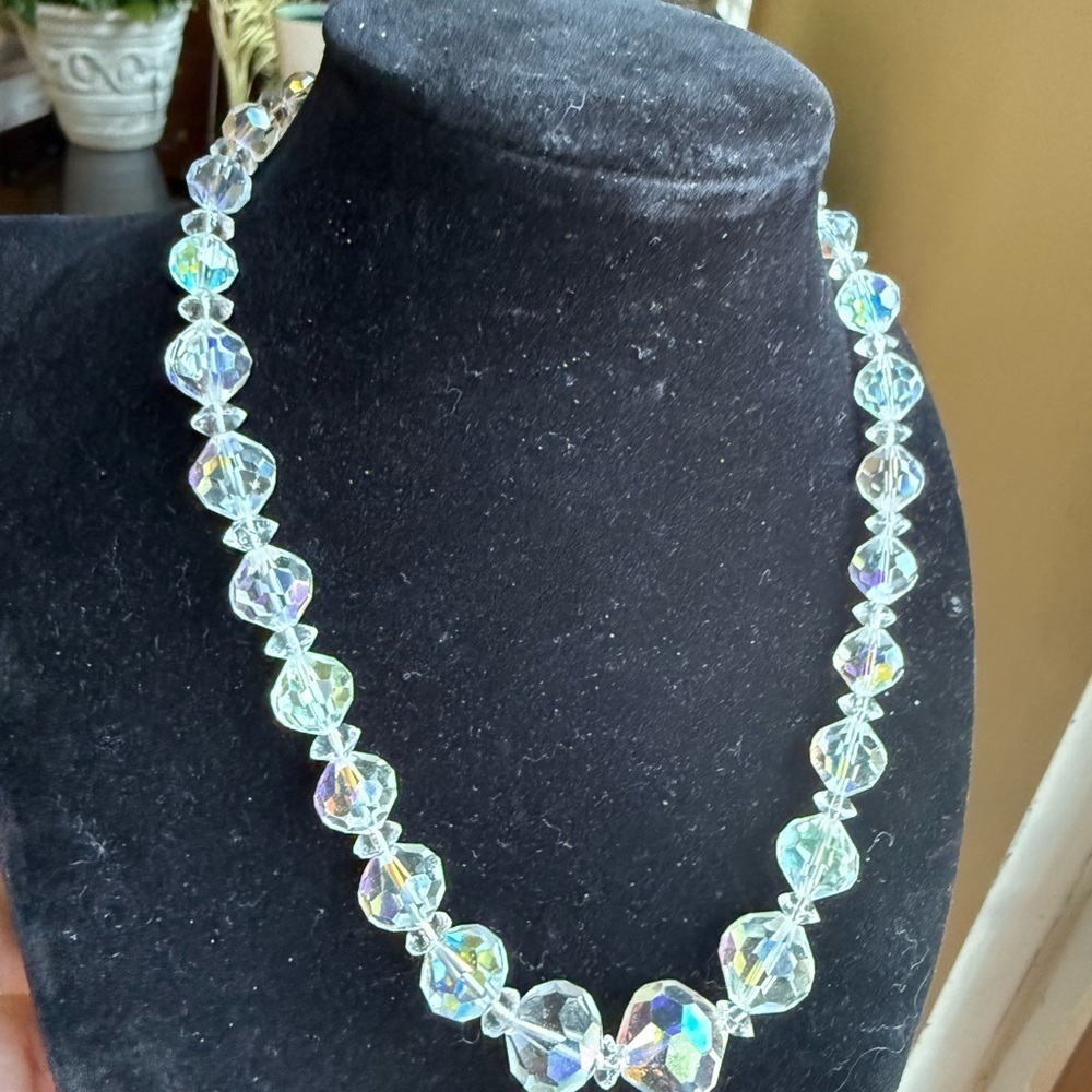 Vintage Aurora Borealis Crystal Necklace 15” + 2” Extender - Picture 2 of 5